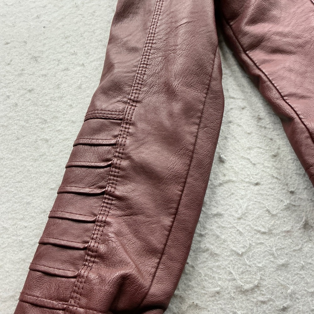 Burgundy Faux Leather Hooded Moto Jacket Faux Fur Lined Pockets Med Streetwear - Picture 13 of 16